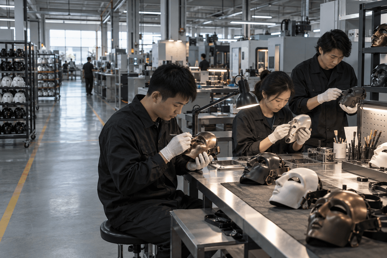 Asian technicians inspecting custom masks on a Shenzhen factory production line