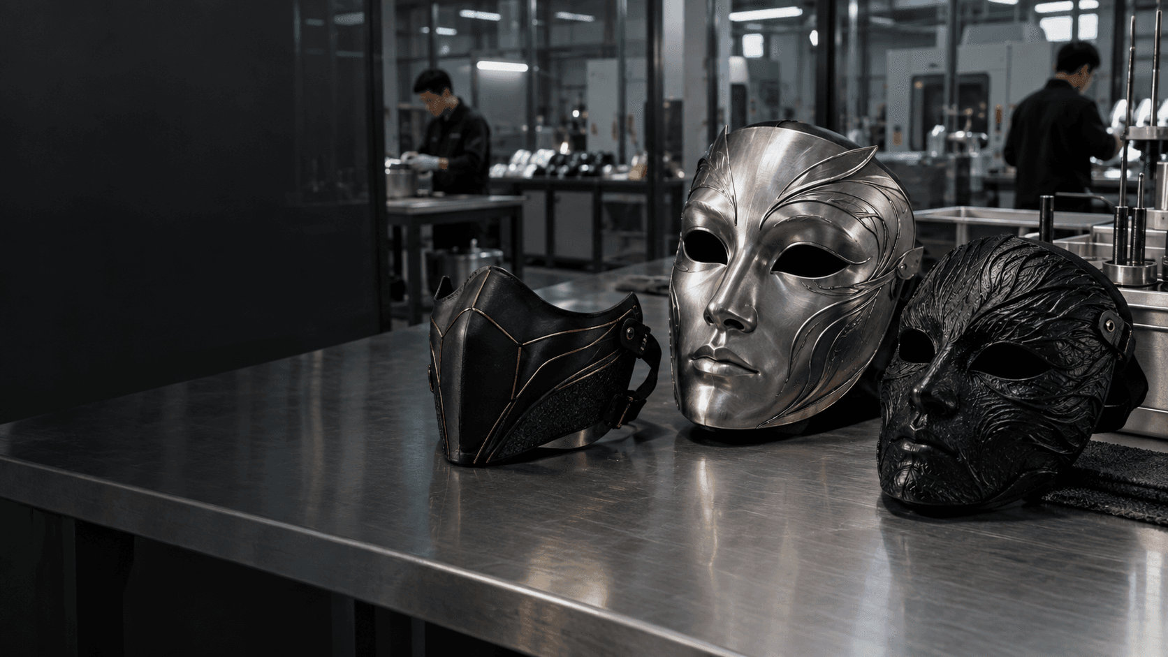 Custom matte black, silver and textured resin masks on a factory worktable